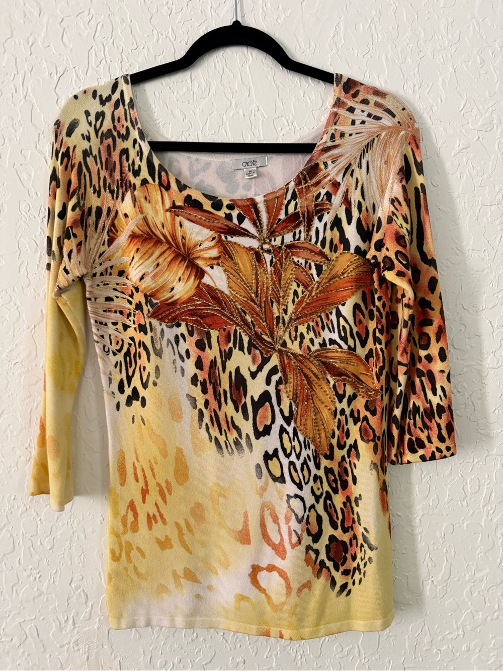 Cache Yellow Floral & Leopard Print Scoop Neck Long Sleeve Top